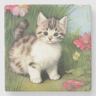 Vintage Cat Illustration with Red Flowers Stone Coaster