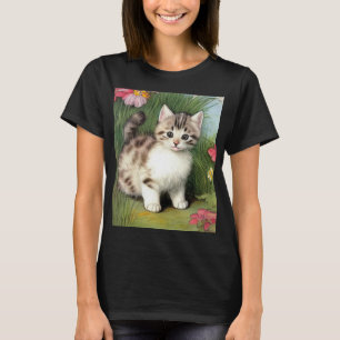 Vintage Cat Illustration with Red Flowers T-Shirt