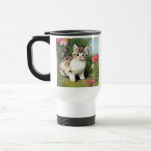 Vintage Cat Illustration with Red Flowers Travel Mug