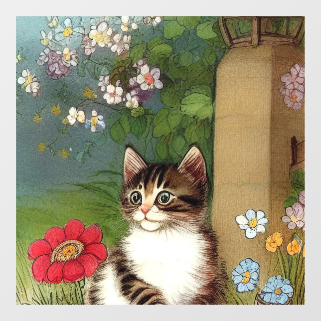 Vintage Cat Illustration with Spring Flowers (Sheet)