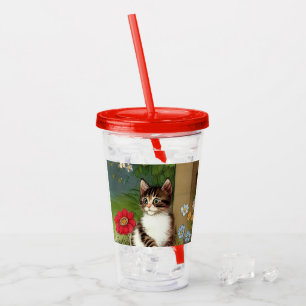 Vintage Cat Illustration with Spring Flowers Acrylic Tumbler