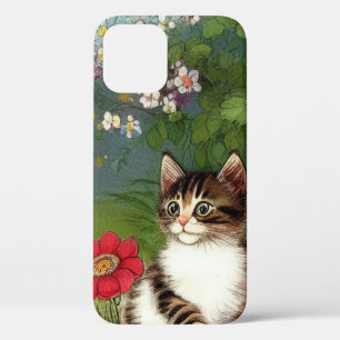 Vintage Cat Illustration with Spring Flowers iPhone 12 Case
