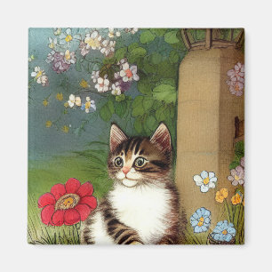 Vintage Cat Illustration with Spring Flowers Magnet