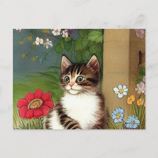 Vintage Cat Illustration with Spring Flowers Postcard (Front)