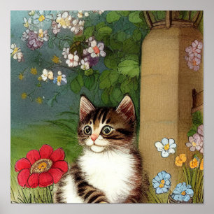 Vintage Cat Illustration with Spring Flowers Poster
