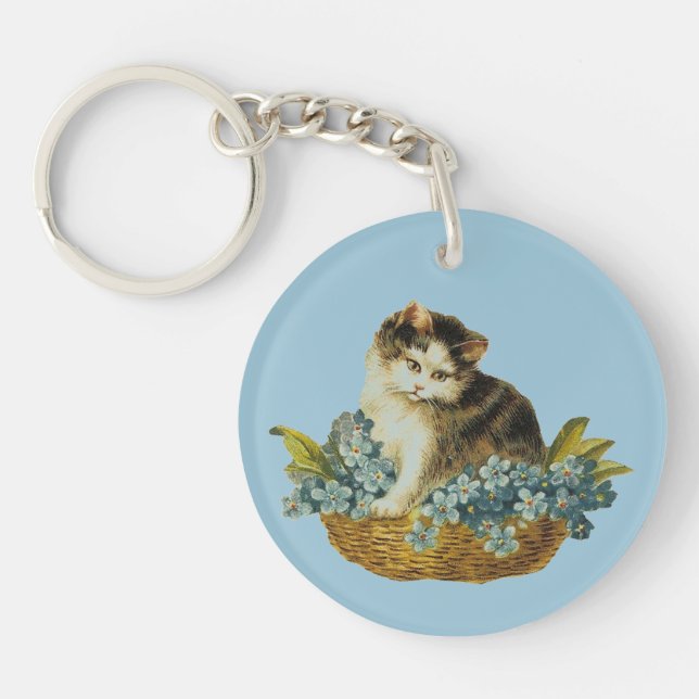 Vintage Cat In Basket Key Ring (Front)