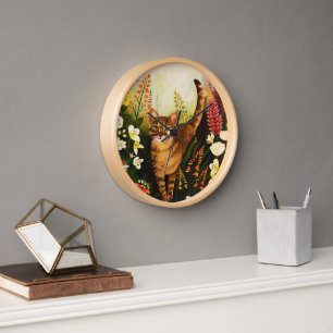 Vintage Cat In The Blooming Garden Watercolor Clock
