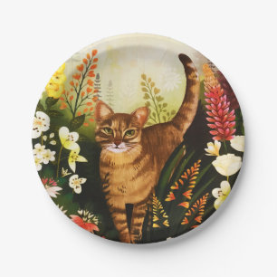 Vintage Cat In The Blooming Garden Watercolor Paper Plate