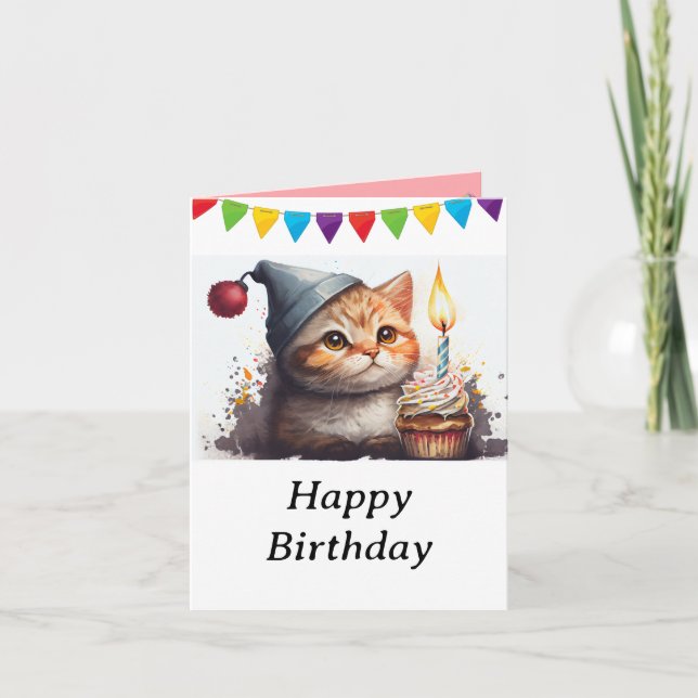 Vintage Cat in the Ribbon and Happy Birthday Card (Front)