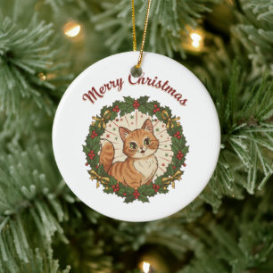 Vintage Cat Merry Christmas Retro Cat Ceramic Tree Decoration