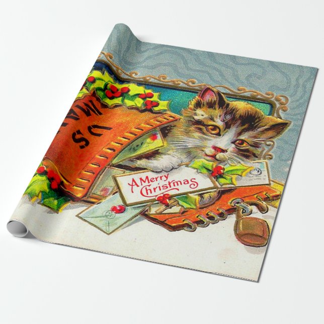 Vintage Cat Merry Christmas  Wrapping Paper (Unrolled)