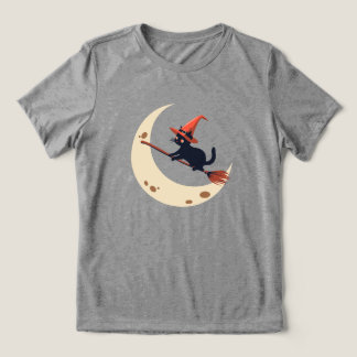 Vintage Cat On Broom Crescent Moon Cute Halloween  Tri-Blend Shirt