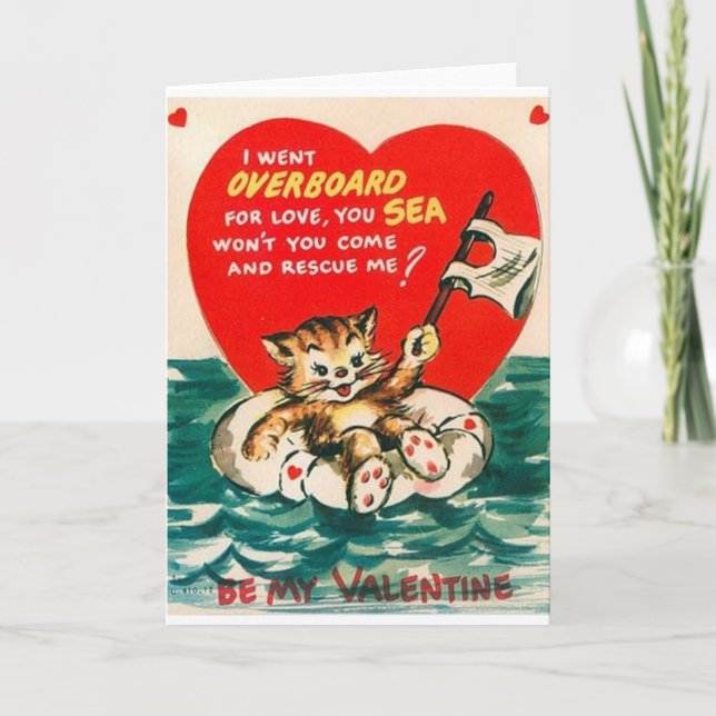 Vintage Cat Overboard Valentine's Day Card (Front)