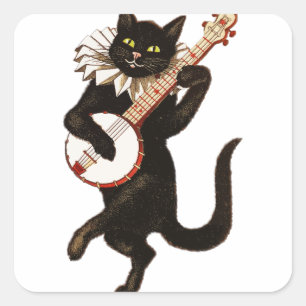 Vintage Cat Playing Banjo Square Sticker