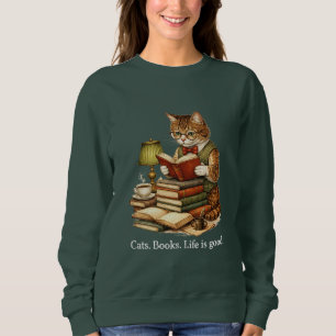 Vintage Cat Reading Books Sweatshirt For Cat Lover