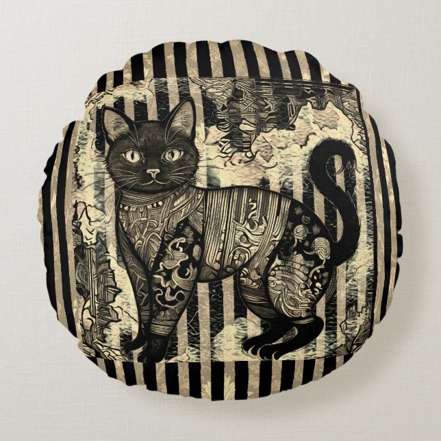 Vintage Cat Retro,Stripes Pattern  Round Cushion (Front)