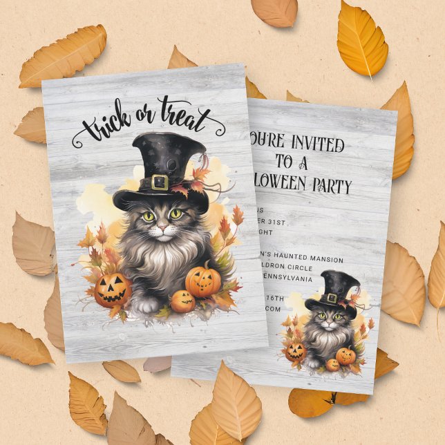 Vintage Cat Rustic Custom Halloween Party Invitation (Vintage Cat Rustic Custom Halloween Party Invitation (front and back))