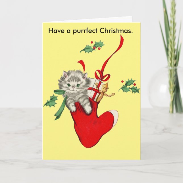 Vintage Cat & Stocking Christmas Card (Front)
