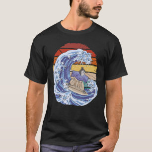 Vintage cat surfing a wave wearing Japanese tradit T-Shirt