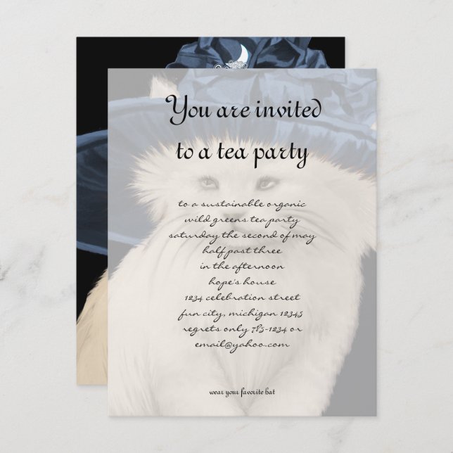 Vintage Cat Tea Party Invitation Vintage Blue Hat (Front/Back)