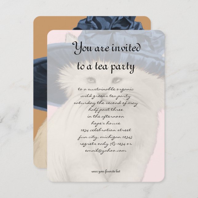 Vintage Cat Tea Party Invitation Vintage Blue Hat (Front/Back)