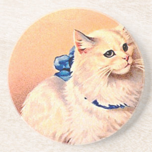 Vintage Cat with Blue Bow Coaster