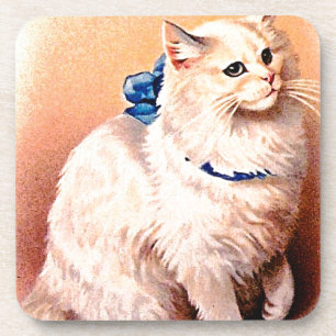 Vintage Cat with Blue Bow Coaster