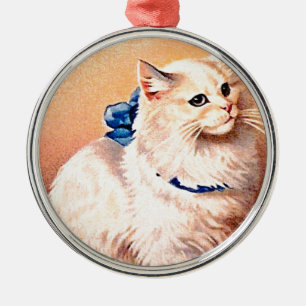 Vintage Cat with Blue Bow Metal Tree Decoration