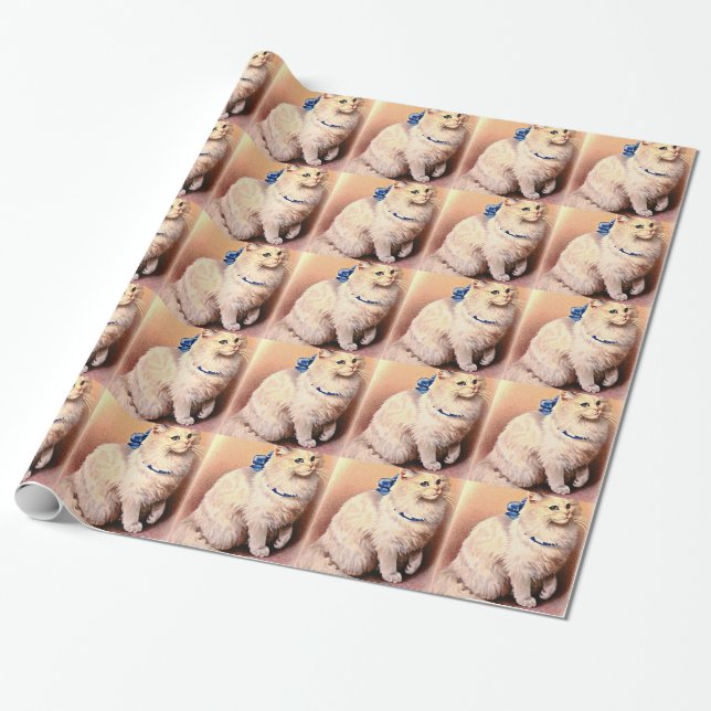Vintage Cat with Blue Bow Wrapping Paper (Unrolled)