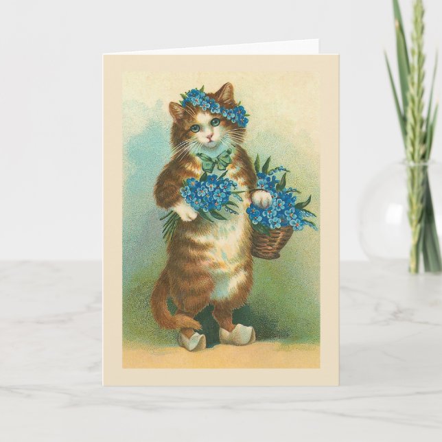 "Vintage Cat with Forget-me-nots" Card (Front)