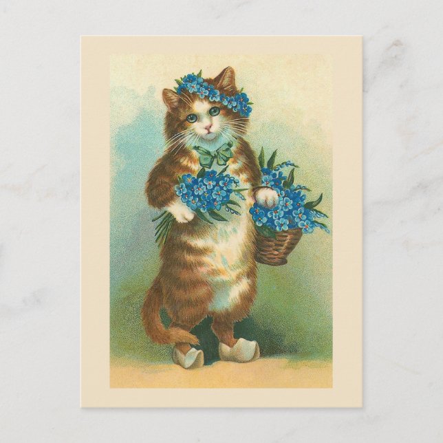 "Vintage Cat with Forget-me-nots" Postcard (Front)