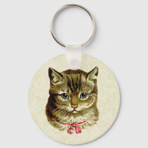 Vintage Cat with Pink Bow Key Ring