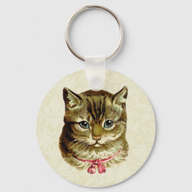 Vintage Cat with Pink Bow Key Ring (Front)