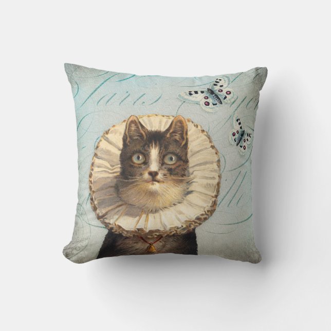 Vintage Cat with Ruff Collar and Butterflies Cushion (Front)