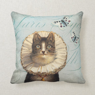 Vintage Cat with Ruff Collar and Butterflies Cushion