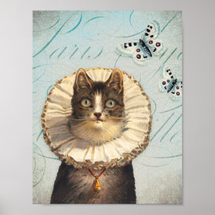 Vintage Cat with Ruff Collar and Butterflies Poster