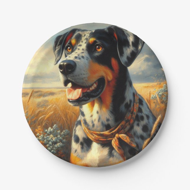 Vintage Catahoula Leopard Dog Painting Paper Plate (Front)
