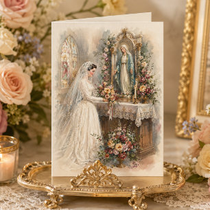 Vintage Catholic Bride at the Marian Altar Wedding Card