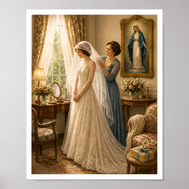 Vintage Catholic Bride Veil Marian Wedding Poster (Front)