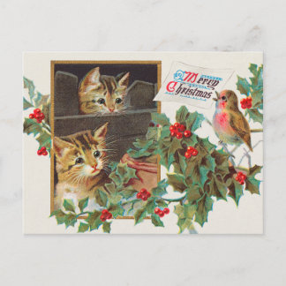 Vintage cats and bird holiday postcard