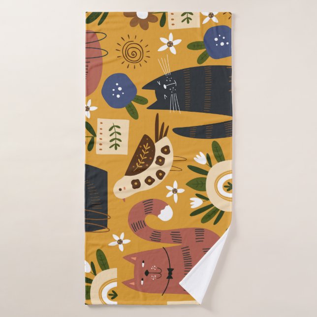 Vintage Cats and Birds, Hand Drawn. Bath Towel (Bath Towel)
