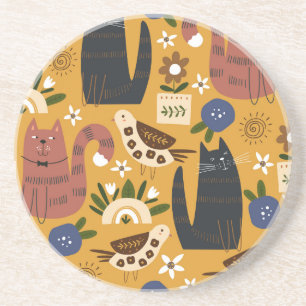 Vintage Cats and Birds, Hand Drawn. Coaster