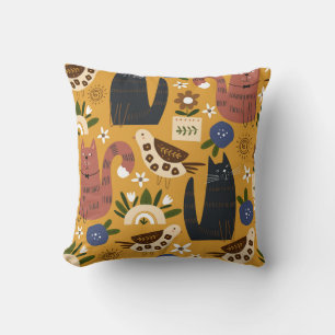 Vintage Cats and Birds, Hand Drawn. Cushion
