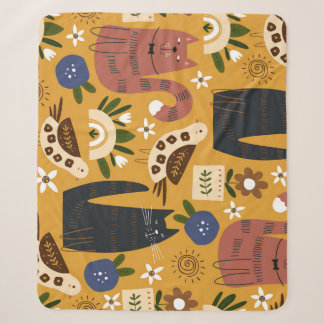 Vintage Cats and Birds, Hand Drawn. Sherpa Blanket
