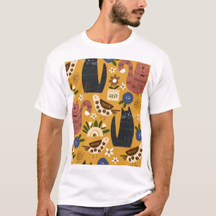 Vintage Cats and Birds, Hand Drawn. T-Shirt