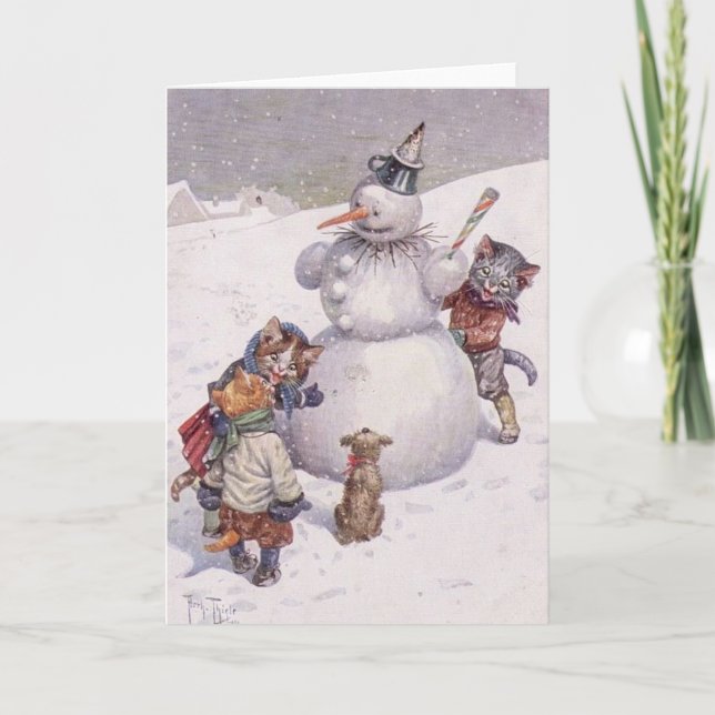 Vintage - Cats Build Snowman, Holiday Card (Front)