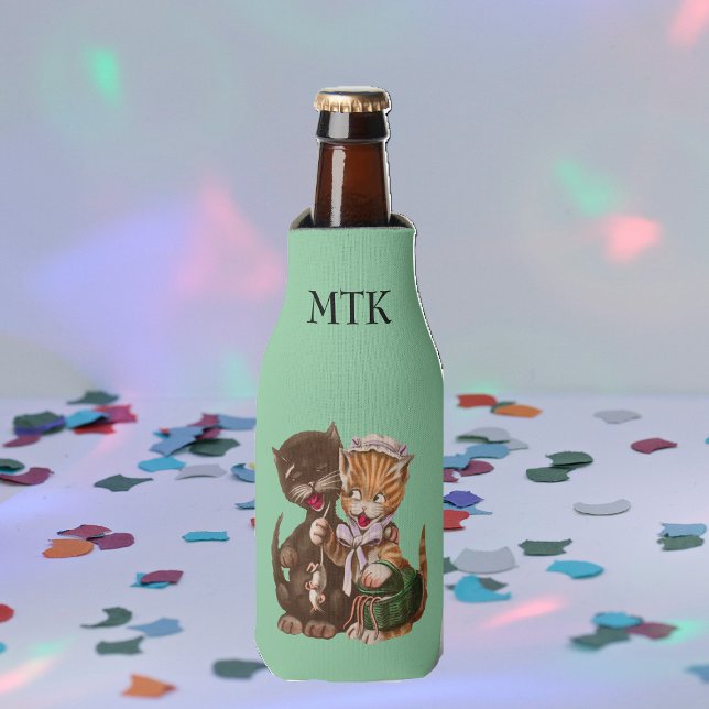 Vintage Cats Rat Gift Basket Bottle Cooler (Cute Cat couple sharing rats from basket on mint green drink bottle cooler.)
