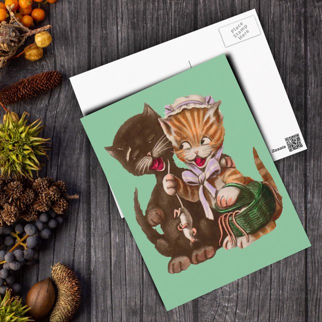 Vintage Cats Rats Gift Basket Postcard (Cute smiling cat couple sharing rats from a basket on a mint green postcard.)