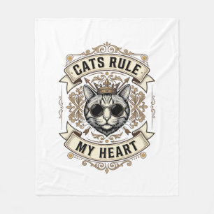 Vintage Cats Rule My Heart Crowned Cat Design_1 Fleece Blanket