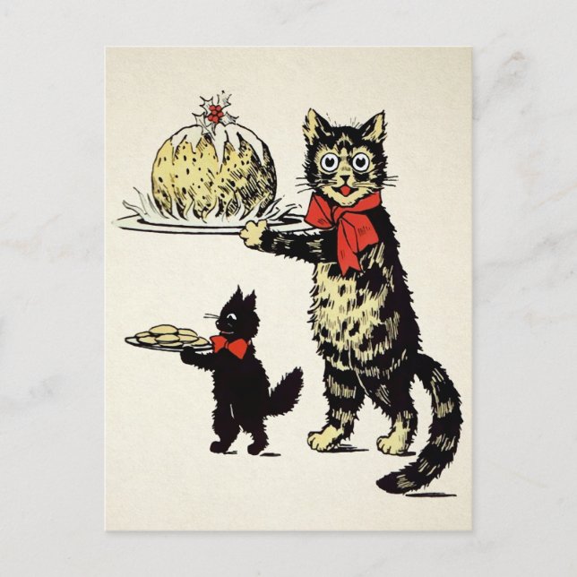 Vintage Cats Serving Dessert Christmas Postcard (Front)